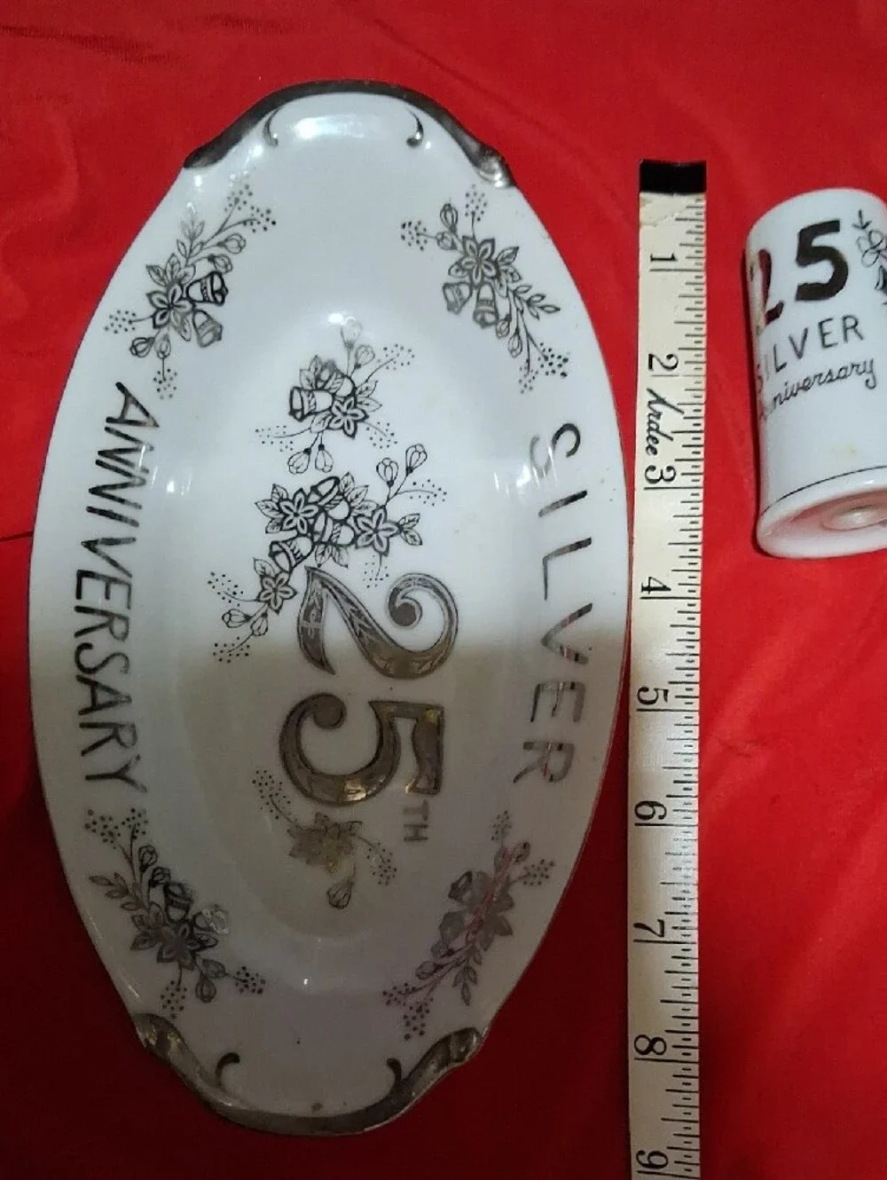25th Silver Anniversary Ceramic Serving Dish and Salt & Pepper Set - White